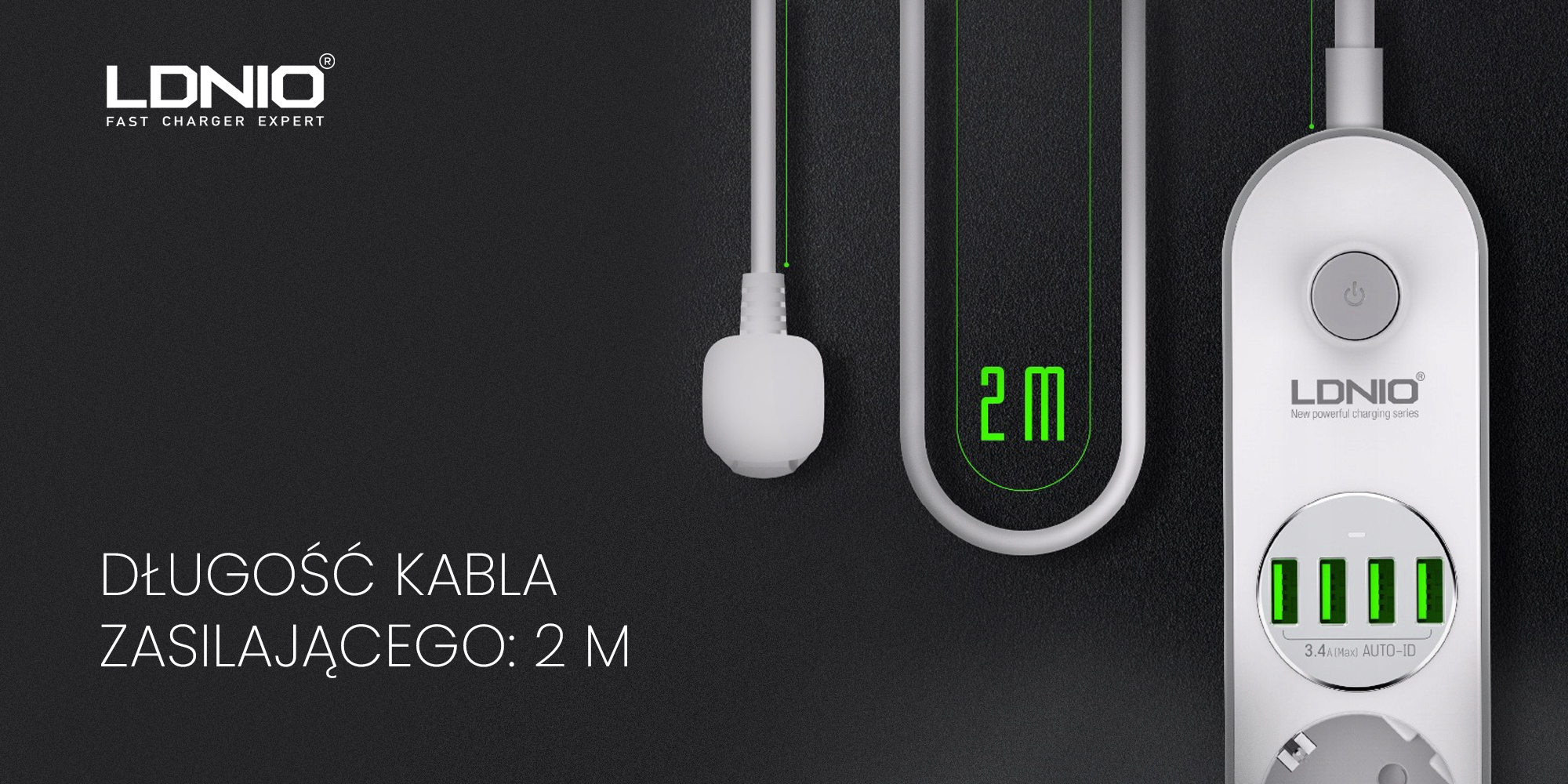 Listwa zasilająca Ldnio SE4432 z ładowarką USB - Długi kabel zasilający